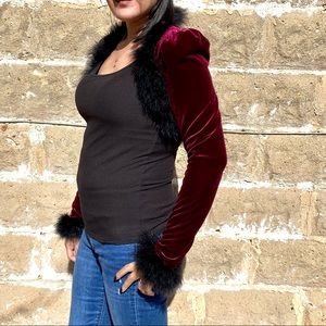 Ultimate 90s Vintage Betsey Johnson maroon velvet & faux fur shrug